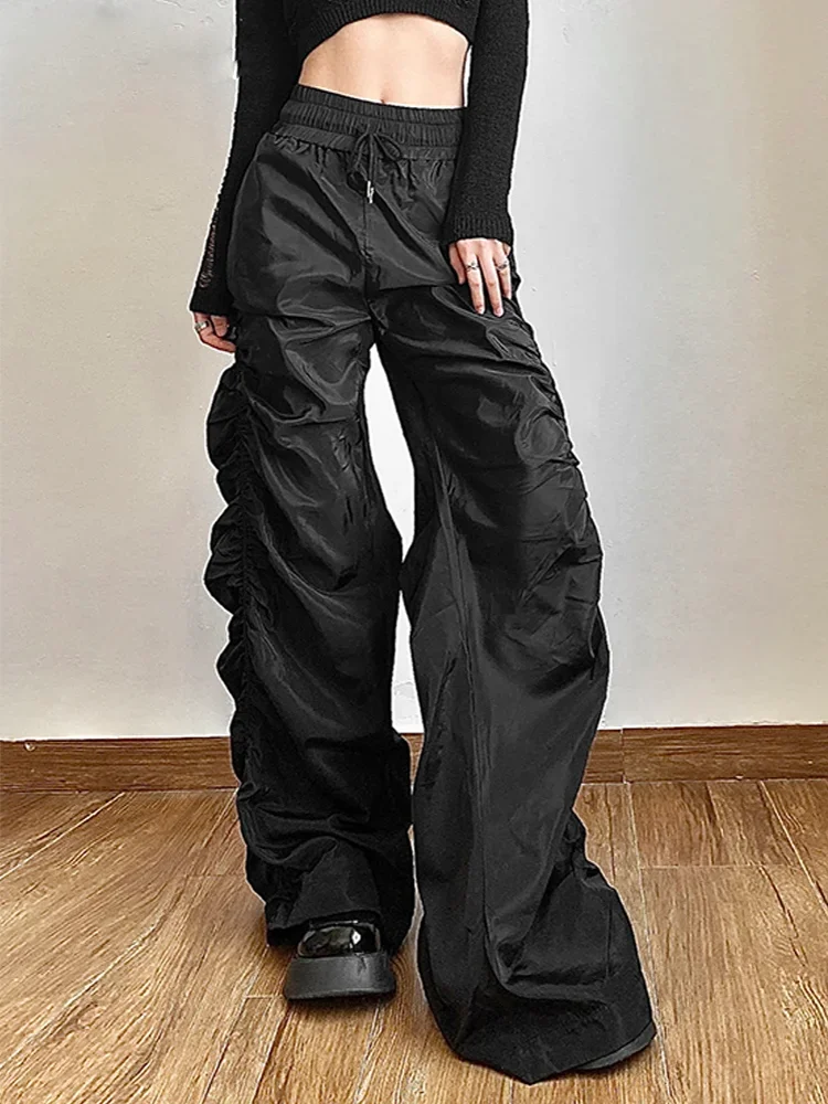 Tendência da moda personalizada autoconfiança vanguardista legal all-match casual solto menina cintura alta perna larga lanterna calças