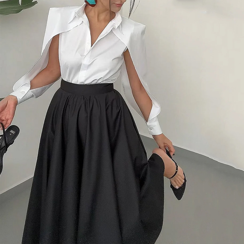 Wefads 秋冬ツーピースセットエレガントな固体長袖中空アウトラップルシャツトップルーズブラックドレスセット女性服