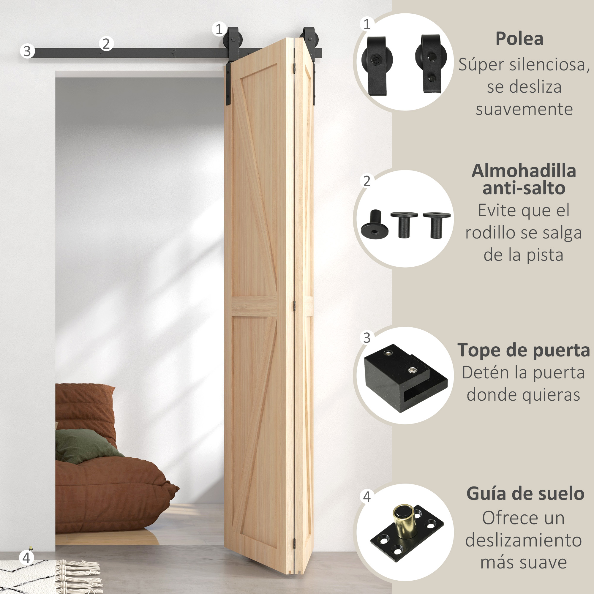 HOMCOM 4FT/122CM Herrajes para Puerta Corredera Plegable para 2 Puertas Negro