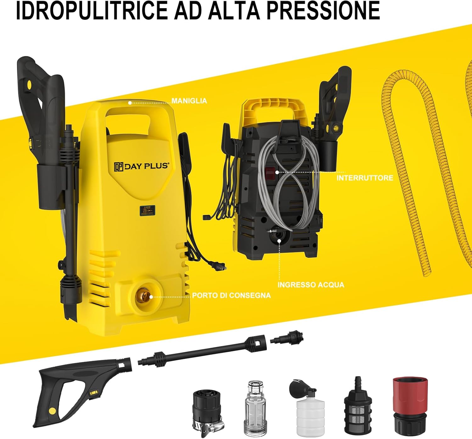 Idropulitrice ad Alta Pressione 1600W, 120bar, 380l/h Potente Idropulitrice Elettrica con Lancia Regolabile da 0 a 180°, Tubo Flessibile di 7m, per La Pulizia di Terrazze, Giardini o Auto