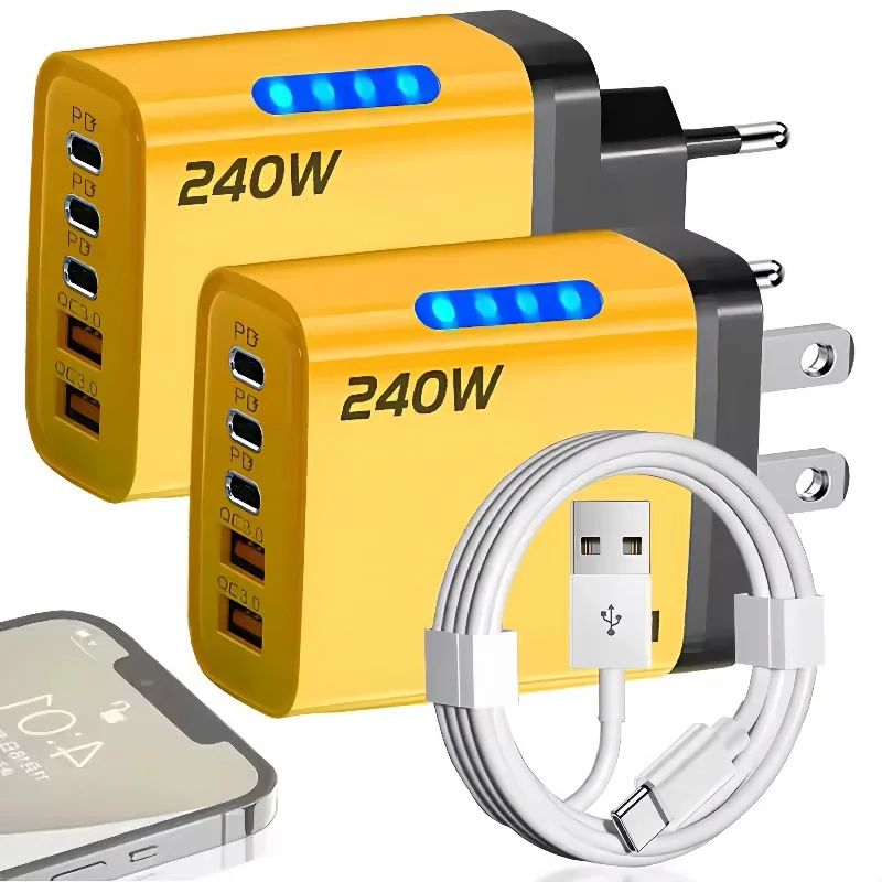 Cargador de escritorio GaN 5 en 1, adaptador de carga rápida de 240W, Cable USB a tipo C de 10A, cargador 3PD 2 SB para IPhone 16, 15pro, portátil, Samsung