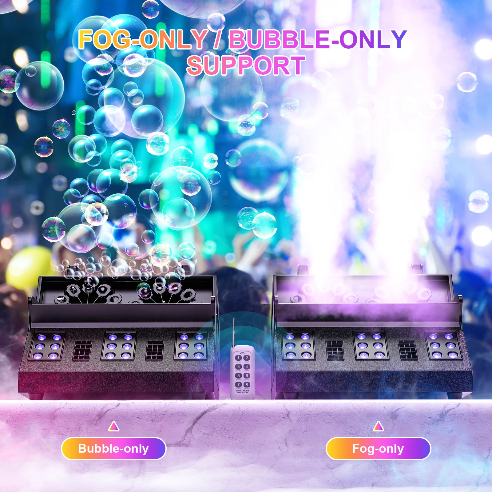 Yiflamefly 1500W Bubble Fog Machine 8 RGB 3IN1 LED Smoke Bubble Machine DMX Stage Light with Remote Control For DJ Wedding Party