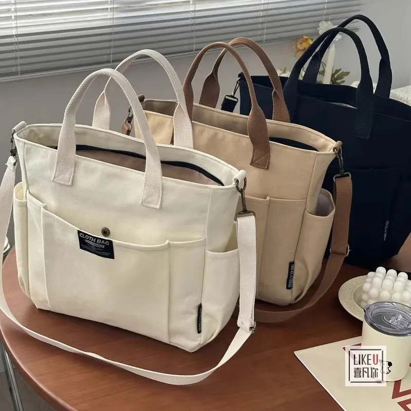 Borsa da donna in tela Borsa portatile inclinata a spalla per pendolari orizzontale di grande capacità per studenti semplici