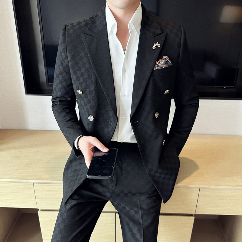 (Jas + Broek) Luxe Geruit Double Breasted Pak 2-delig Mode Zakelijk Slim Fit Sociaal Formeel Pak Avondjurk 5XL-M