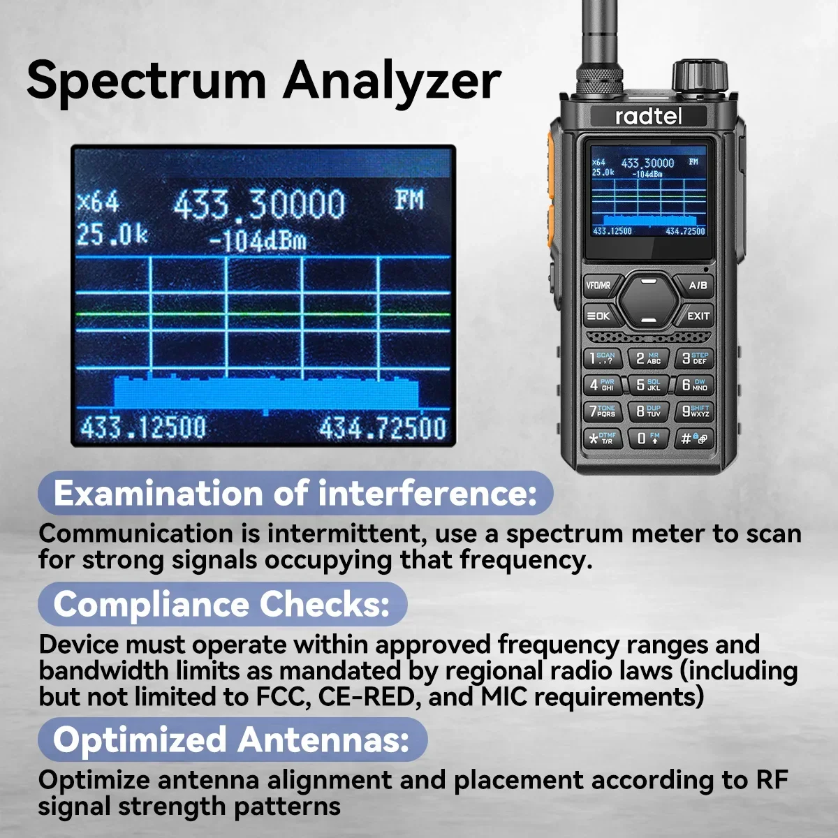 Radtel RT-910B 45-59Mhz TX RX Walkie Talkie 960 Channels, AM/FM, Air Band, Type C Spectrum with Bluetooth Noise Reduction NOAA