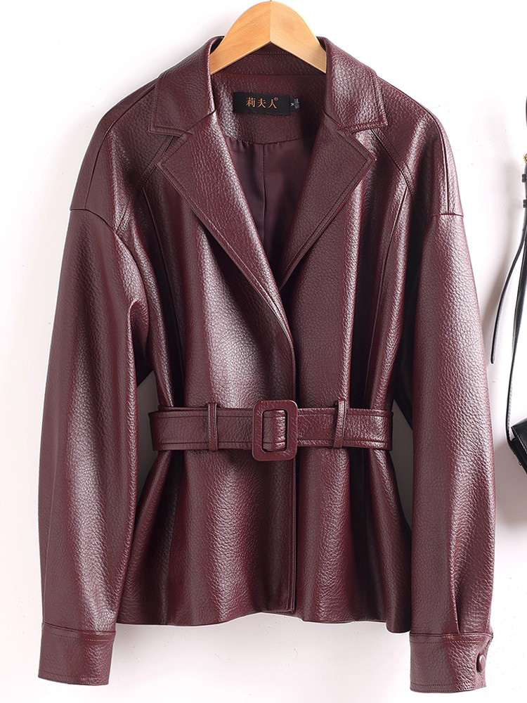 Nouveau Femmes Refente de cuir Blazer avec ceinture fine Printemps Automne Mode Col cranté Ample Veste en Refente de cuir Manteau pour femme