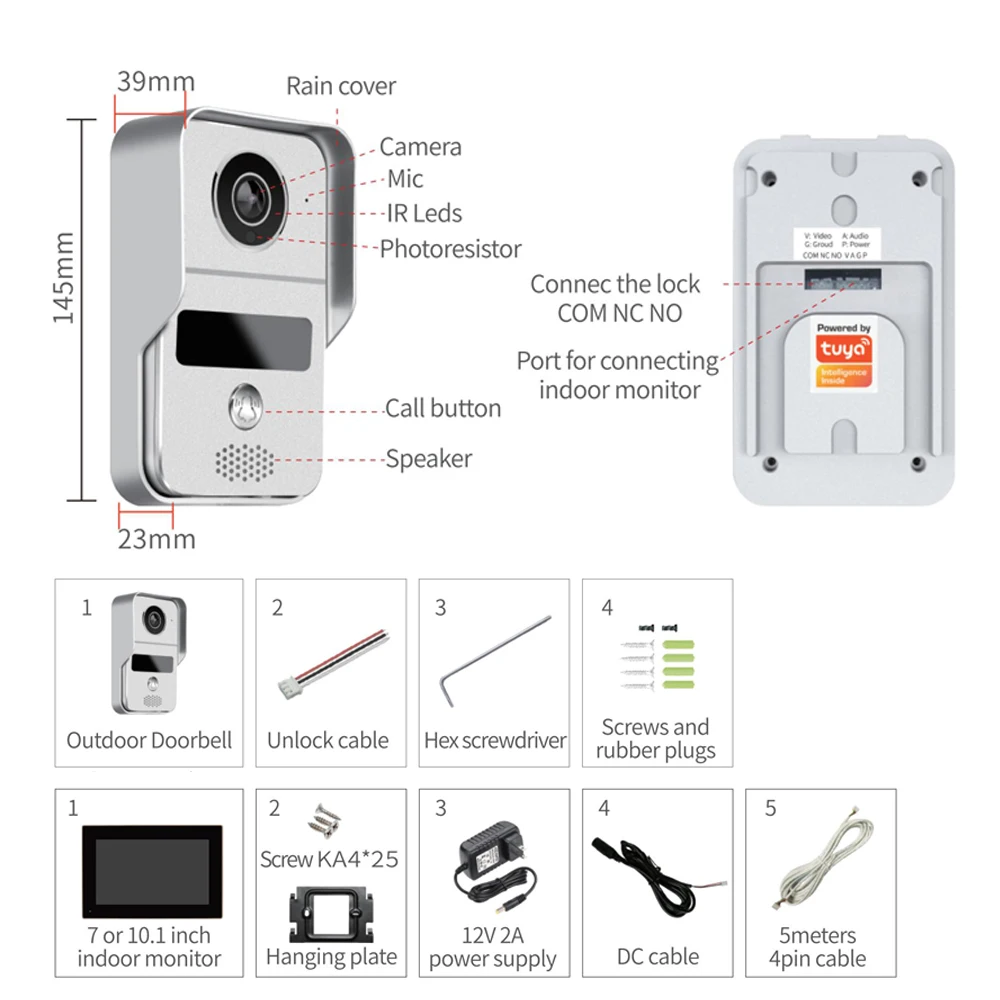 Sistema de intercomunicação de vídeo digital, 4 fios, 7 / 10.1 unidades, sem fio, wi-fi, monitor 1080p, câmera de vídeo, campainha, cartão, desbloqueio tuya