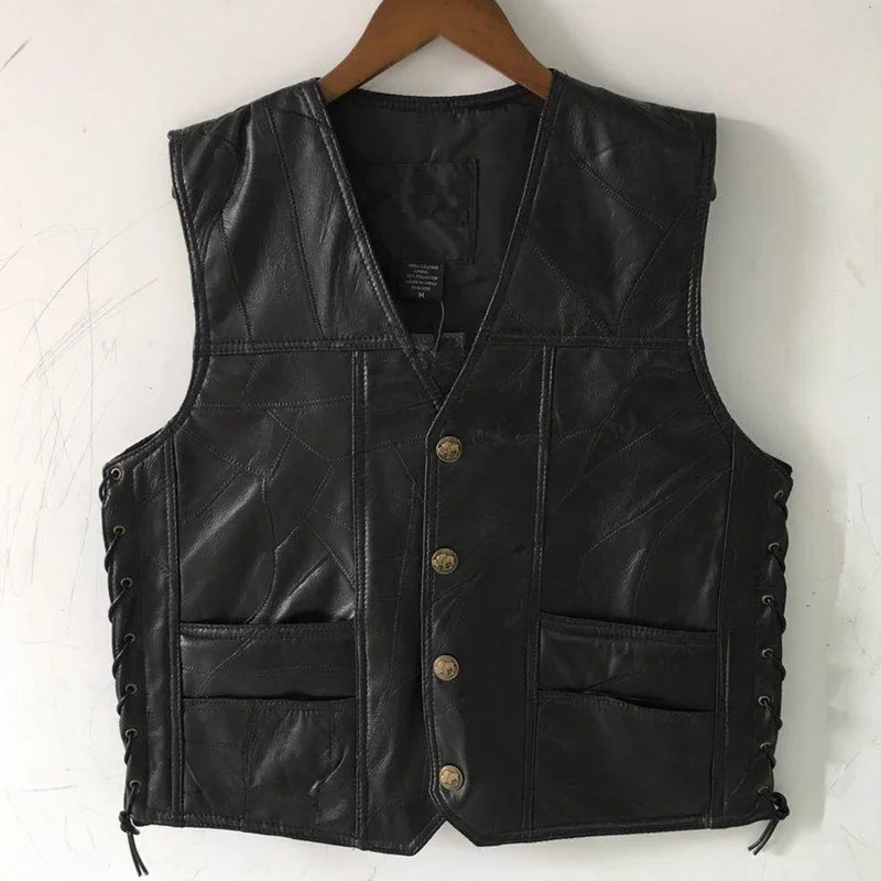 Chaleco de motocicleta de cuero negro ajustable para hombre, cordones laterales, chalecos de motociclista, piel de oveja suave