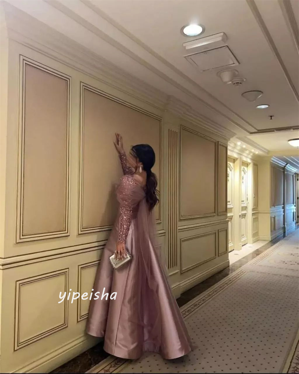 Personalizado brilho requintado clássico estilo moderno formal noite o pescoço até o chão vestido de baile miçangas tule vestidos de cetim