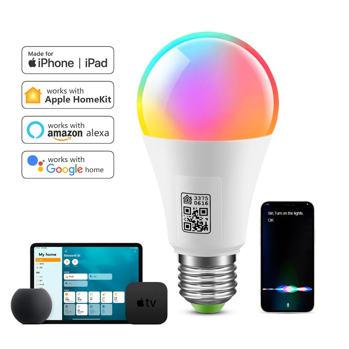 Bombilla LED inteligente con Wifi Homekit con certificación MFI, lámpara inteligente E27, bombilla LED regulable multicolor, Control Siri para Alexa y Google Home