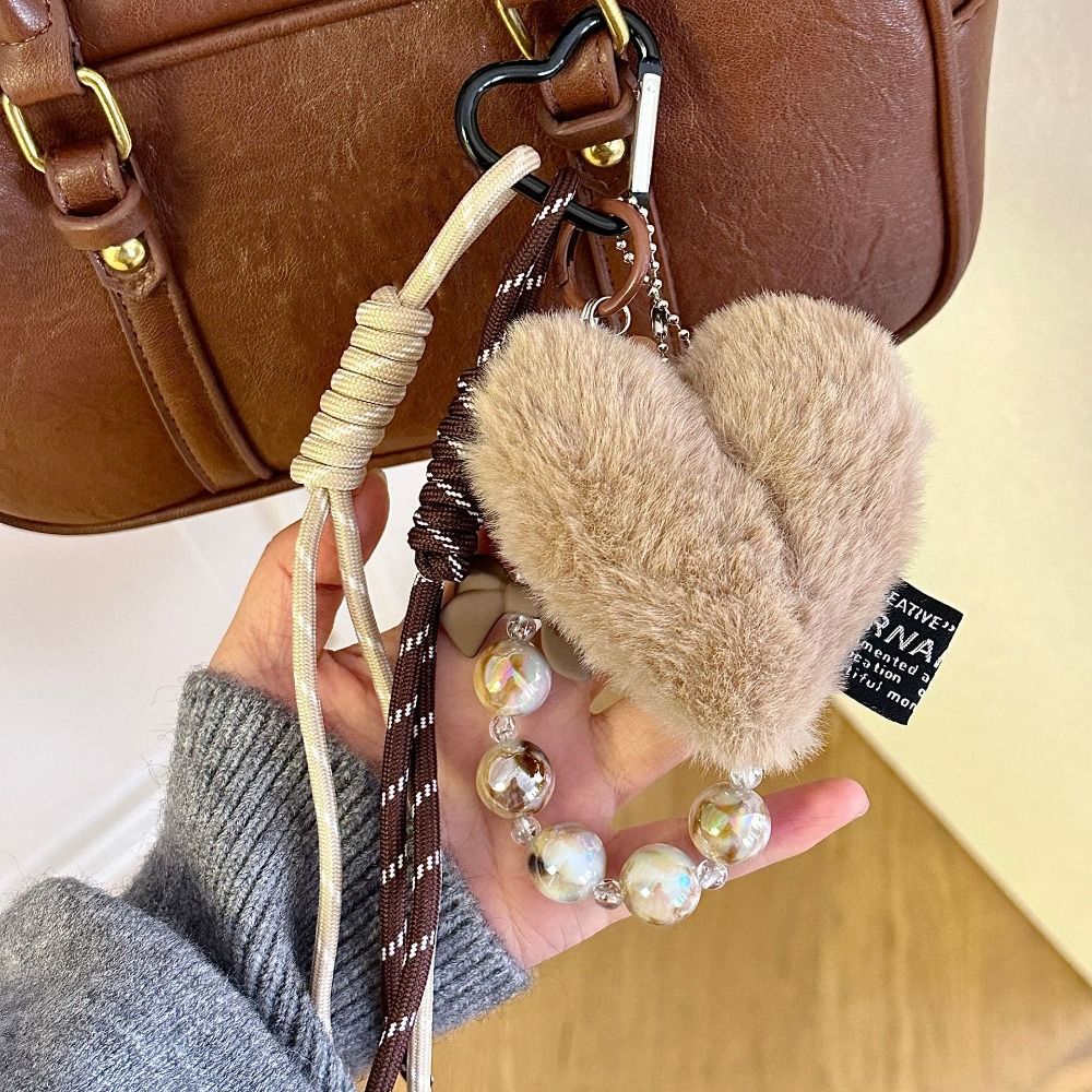 Brown Leather Maillard Style Designed Key Chain Plush Creative Love Heart Pendant Luxury Charm Long Tassel Keychain