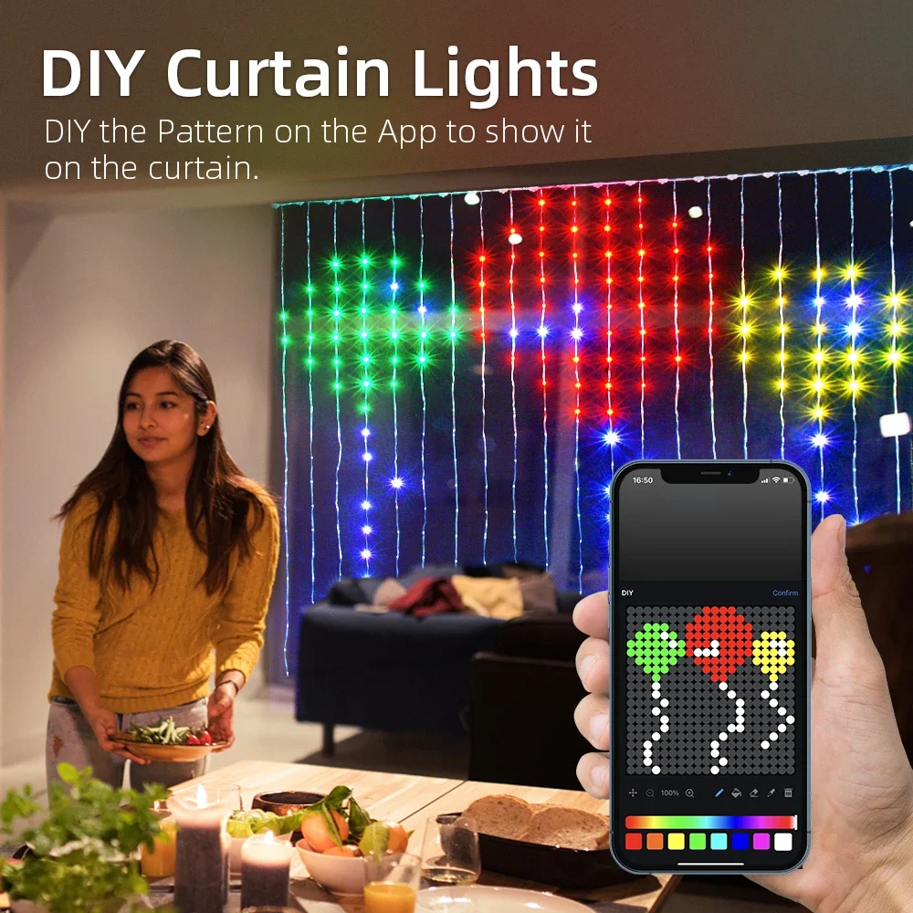 USB Smart APP Animated Curtain Light String 400LED DIY Picture Display Music Sync RGB Fairy Light Christmas Holiday Party Decor