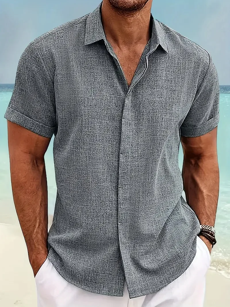 Camicia a maniche corte in tinta unita da uomo nuova Camicia estiva in poliestere cardigan stile spiaggia casual con risvolto tinta unita