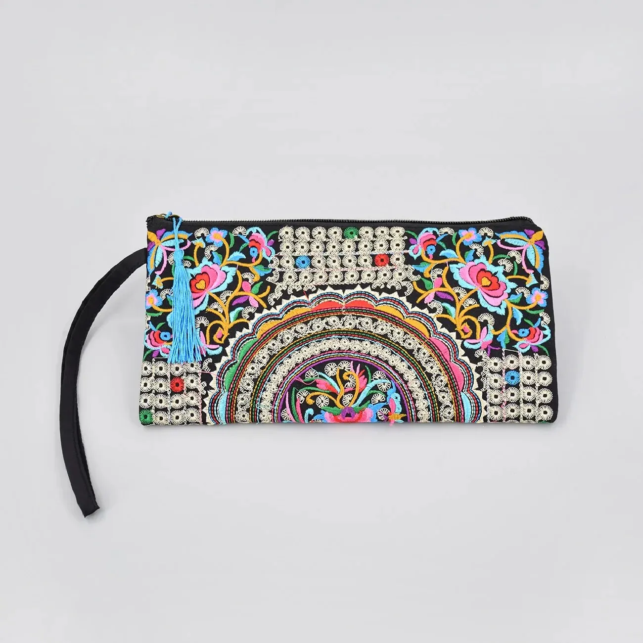Cartera cuadrada con bordado Floral étnico con muñequera, bolso de noche, perfecto para organizar tu teléfono móvil y artículos esenciales