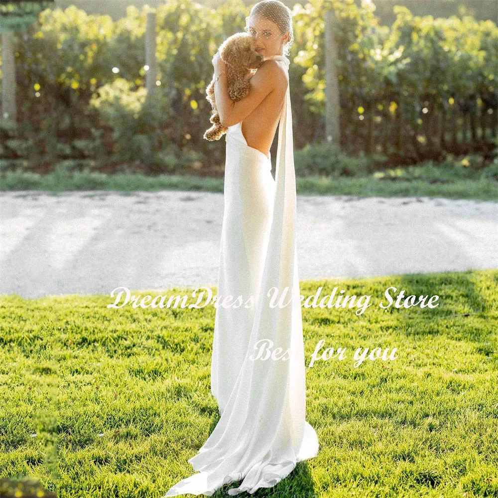 DREAM Personalizzato Semplice Scollo A V Halter Sirena Crepe Abito Da Sposa Per Le Donne Boheimian Backless Sweep Train Abito Da Sposa 2025