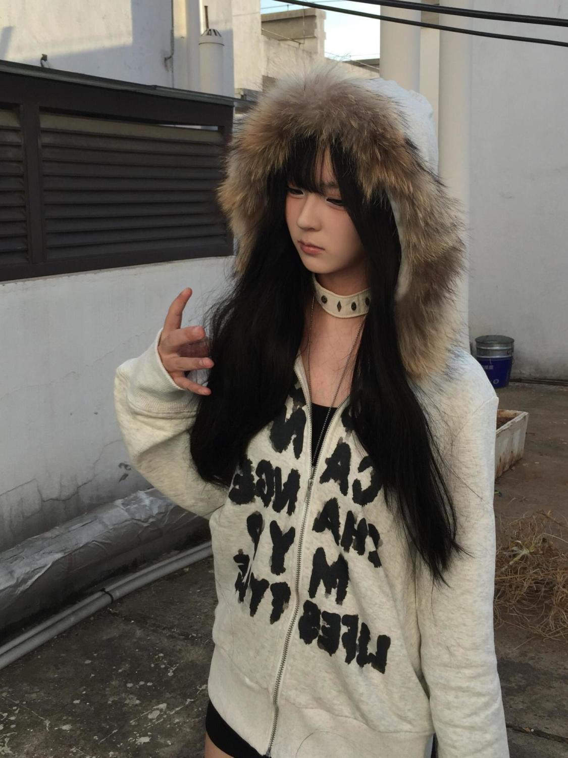 Moda coreana sweatshirts harajuku gótico impresso casacos jaquetas subcultura vintage pele do falso com capuz feminino casual roupas y2k