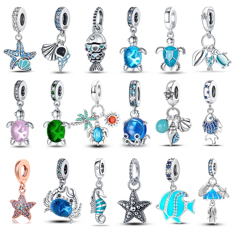 Original oceano série caber 3mm pulseira 100% autêntico 925 prata esterlina tartaruga caranguejo sereia charme contas diy jóias presente