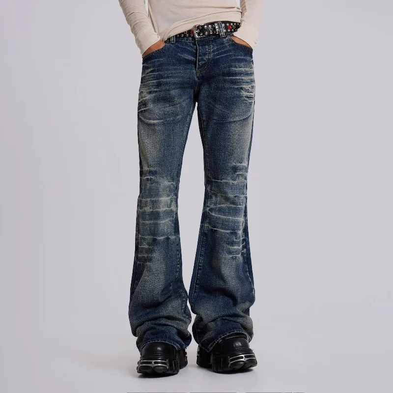 Y2K-pantalones vaqueros acampanados de color azul medio para hombre y mujer, Vaqueros Vintage lavados con corte de bota, ropa de calle gótica de calle Unisex, pantalones de pierna ancha holgados Retro