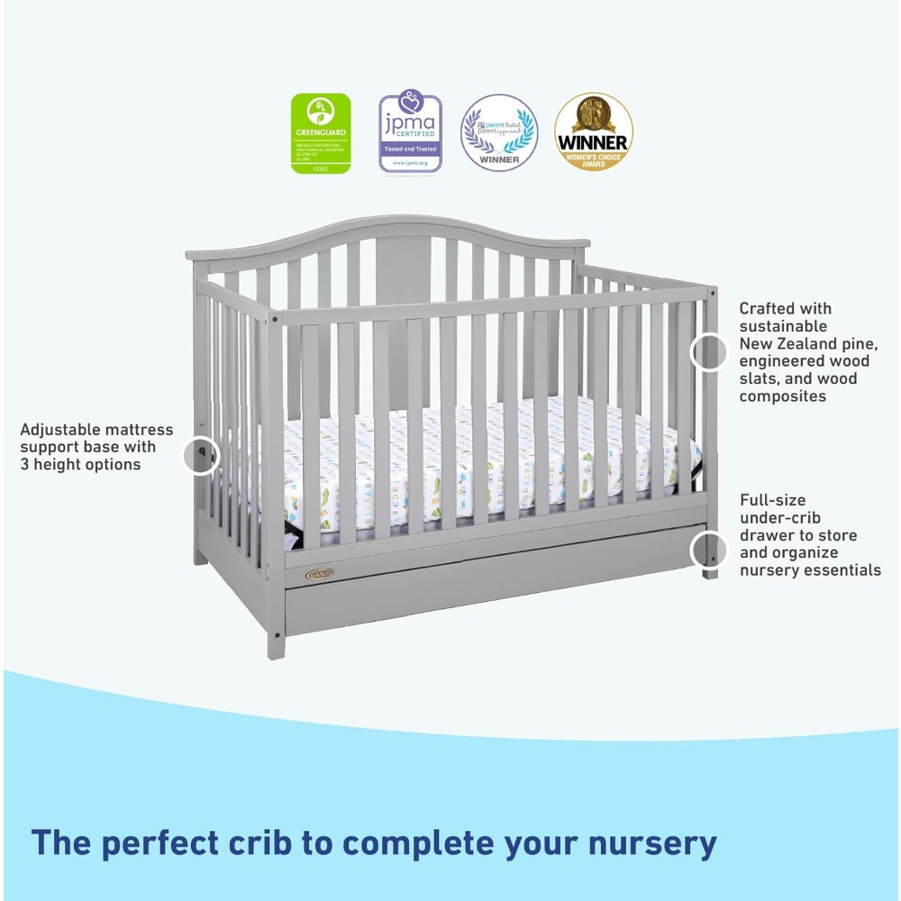 Solano 4-in-1 Convertible Crib with Drawer (Pebble Gray) – GREENGUARD Gold Certified, Crib with Drawer Combo,
