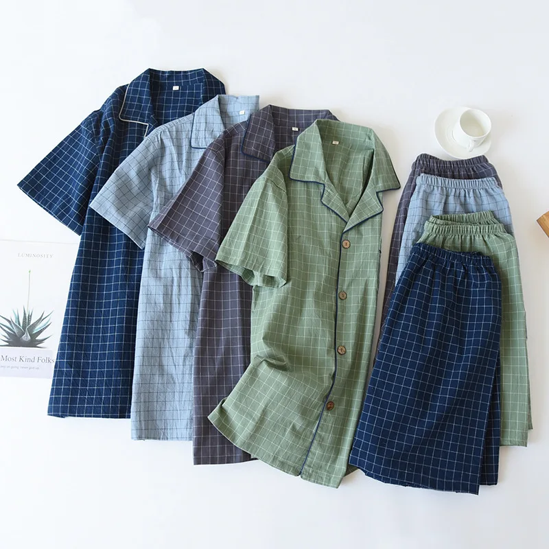 Ensemble de pyjama en coton à carreaux pour hommes, vêtements de détente assortis, cardigan à carreaux, shorts, vêtements de nuit durables, haute qualité
