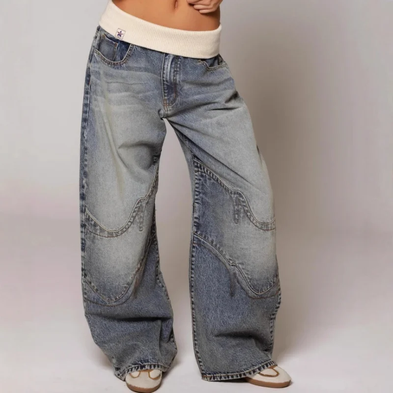Nieuwe Hip Hop Splice Mode Basics Retro Jeans voor Dames Eenvoudig Verkleden Dagelijks Noodzakelijk Wijde Pijpen Broek Baggy Cargo Broek