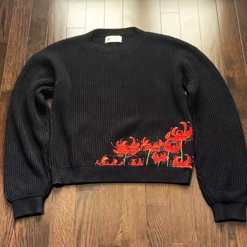 Y2K Retro Blume Strickpullover Stickerei Muster Spinne Lilie Herbst Winter Pullover Trendy Hip Hop Harajuku Unisex Kleidung