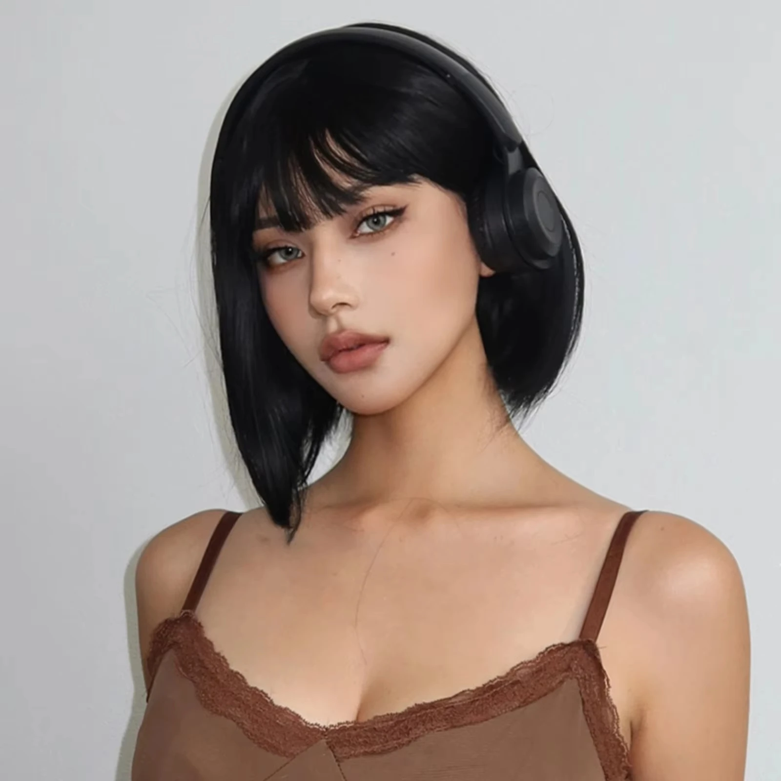 Peluca sintética corta recta Bob negra con flecos, peluca de seda de alta temperatura para mujer, peluca de uso diario para Cosplay de fiesta de Navidad