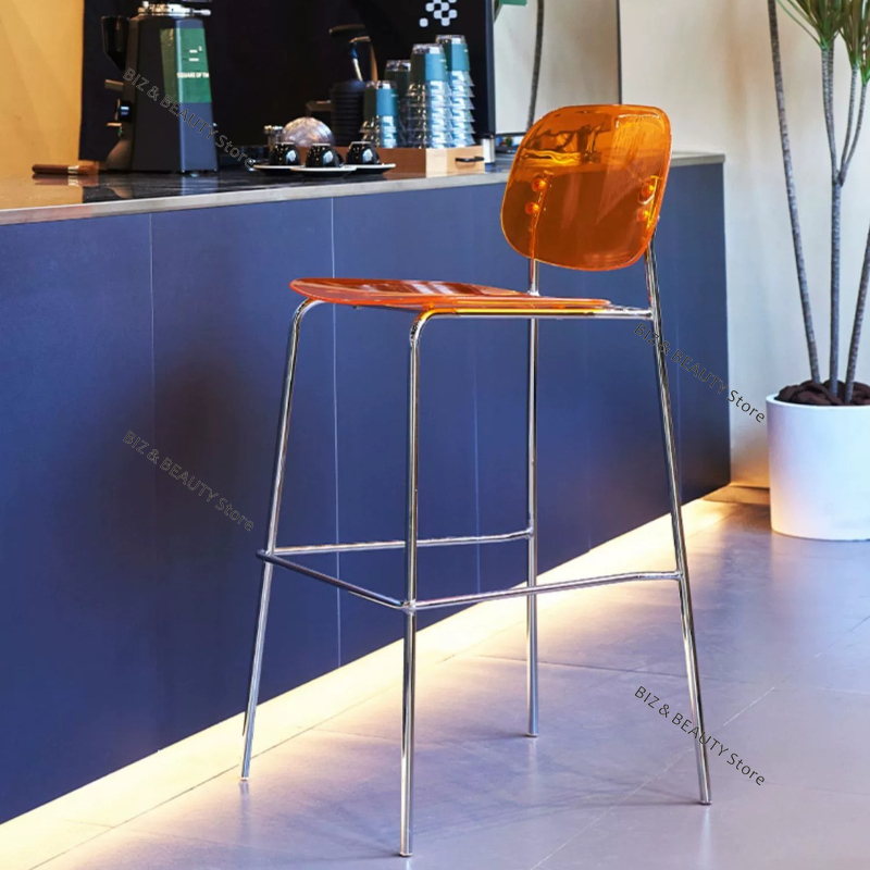 Mid-century Transparent Bar Chairs Restaurant Minimalist Design Metal Bar Chairs Backrest High Style Home Furniture Cadeira