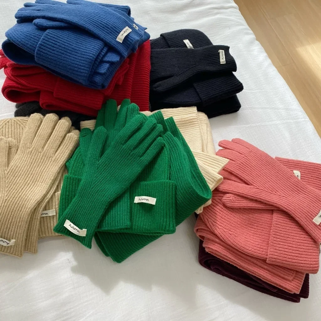 Solide chaud automne hiver 2025 femmes tricoté chapeau écharpe gant ensemble mode vert bleu rouge belle 3 pièces chapeau et gants ensembles femmes
