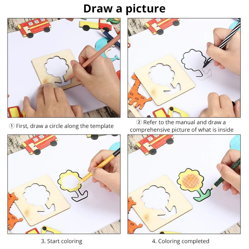 ชุดเทมเพลตการวาดภาพทำด้วยไม้สำหรับเด็กชุดเครื่องมือวาดภาพเทมเพลตการวาดภาพ DIY จำนวน42ชิ้น