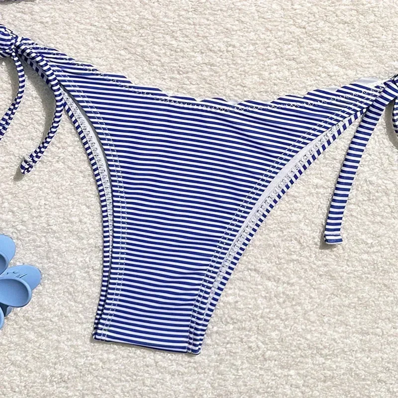Maillot de bain imprimé rayé bleu, triangle, micro, bikini, ensemble deux pièces, mini string, sexy, col licou, string, pour femmes