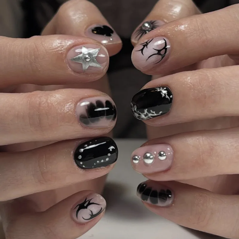 24 Uds uñas postizas chica picante lazo plateado con uñas postizas de diamante con pegamento prensa de almendra en uñas negro fresco Y2k juego de uñas de almendra