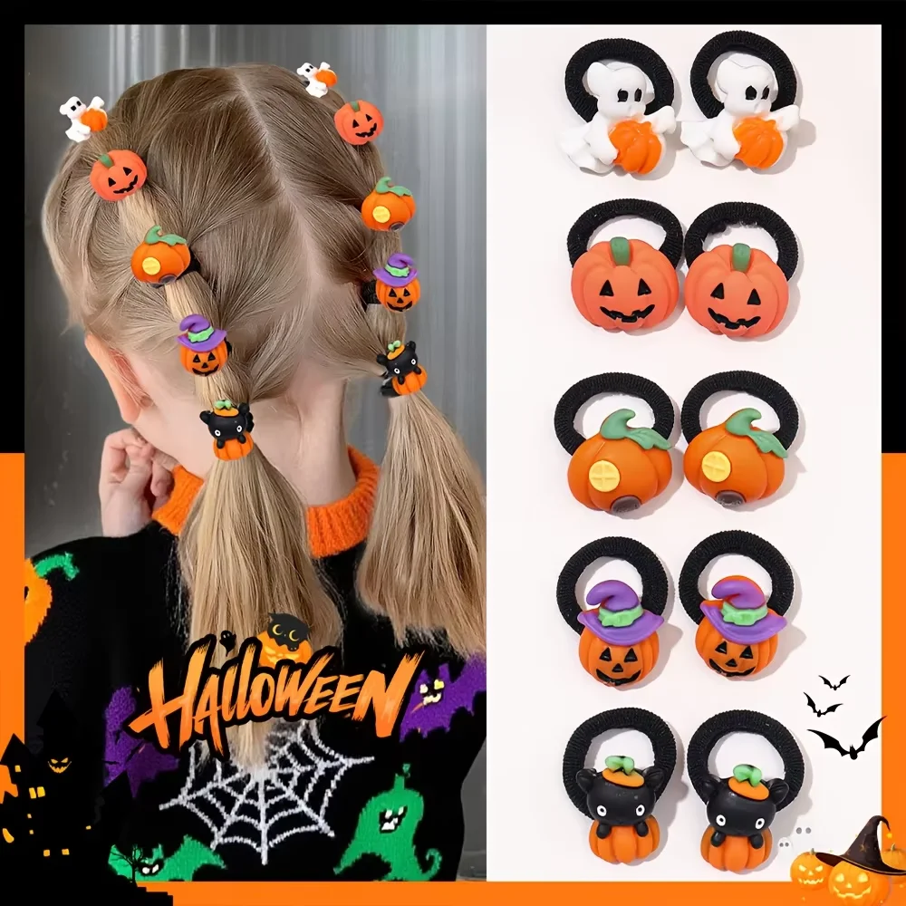 Anel de cabelo de Halloween para meninas, 10 peças, design engraçado de abóbora, fantasma e gato morcego, adequado para presentes de Halloween para meninas