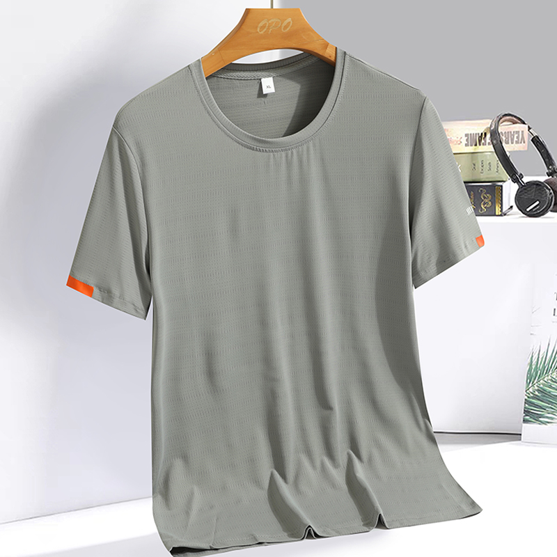 メンズ夏のアイスシルク Tシャツトレーナーラウンドネックシンプルなランニングフィットネススーツ薄型通気性速乾性 T
