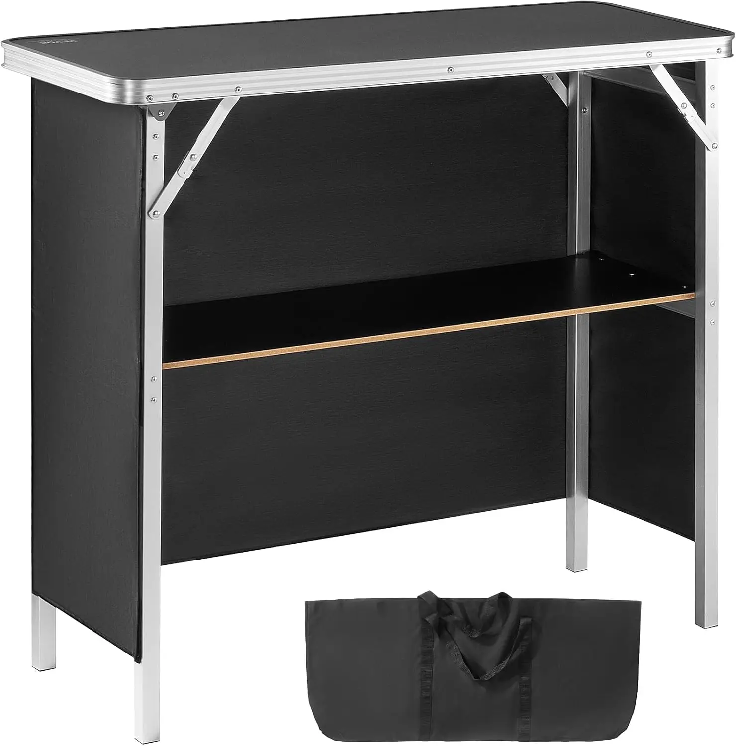 Folding Portable Bar Table, Tradeshow Podium Table, Includes Carrying Case, Storage Shelf and Black Skirt