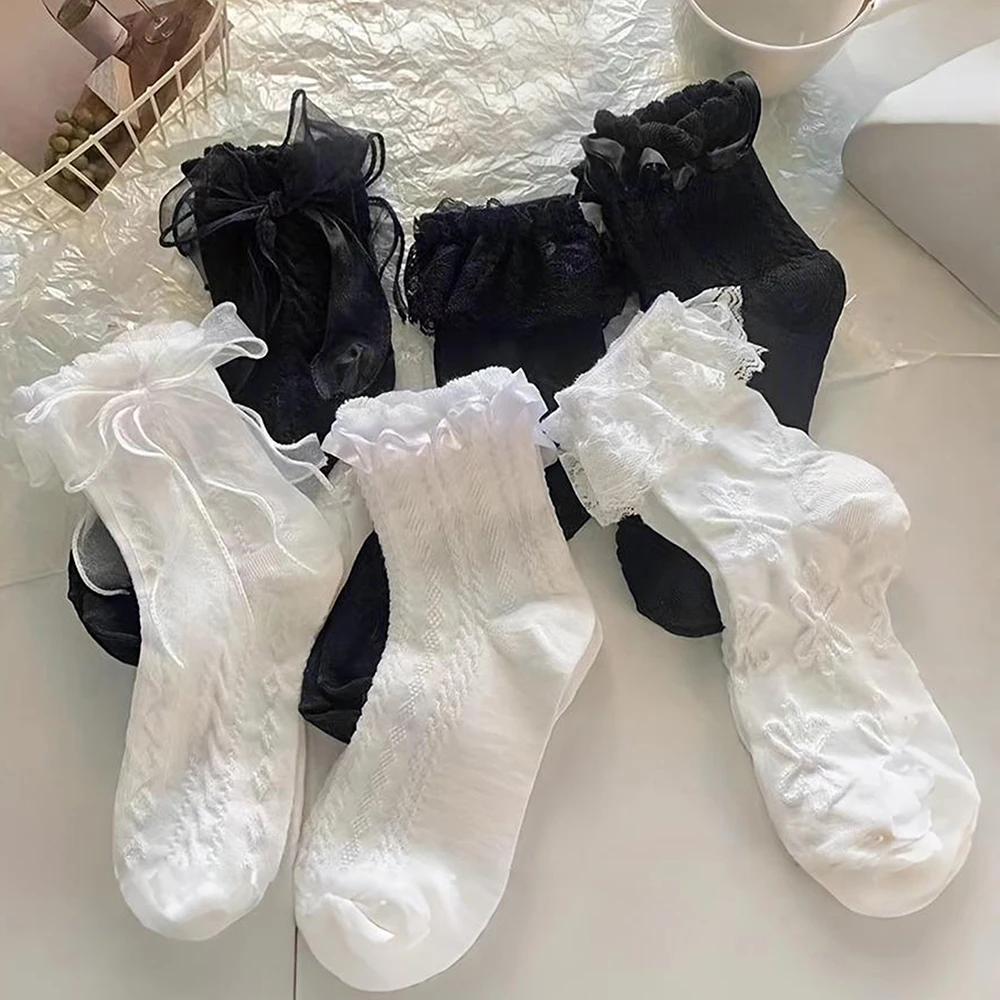 6 pares de calcetines de mujer sólido negro blanco Lolita encaje volantes calcetines verano fino estilo japonés Kawaii dulce niñas calcetines cortos