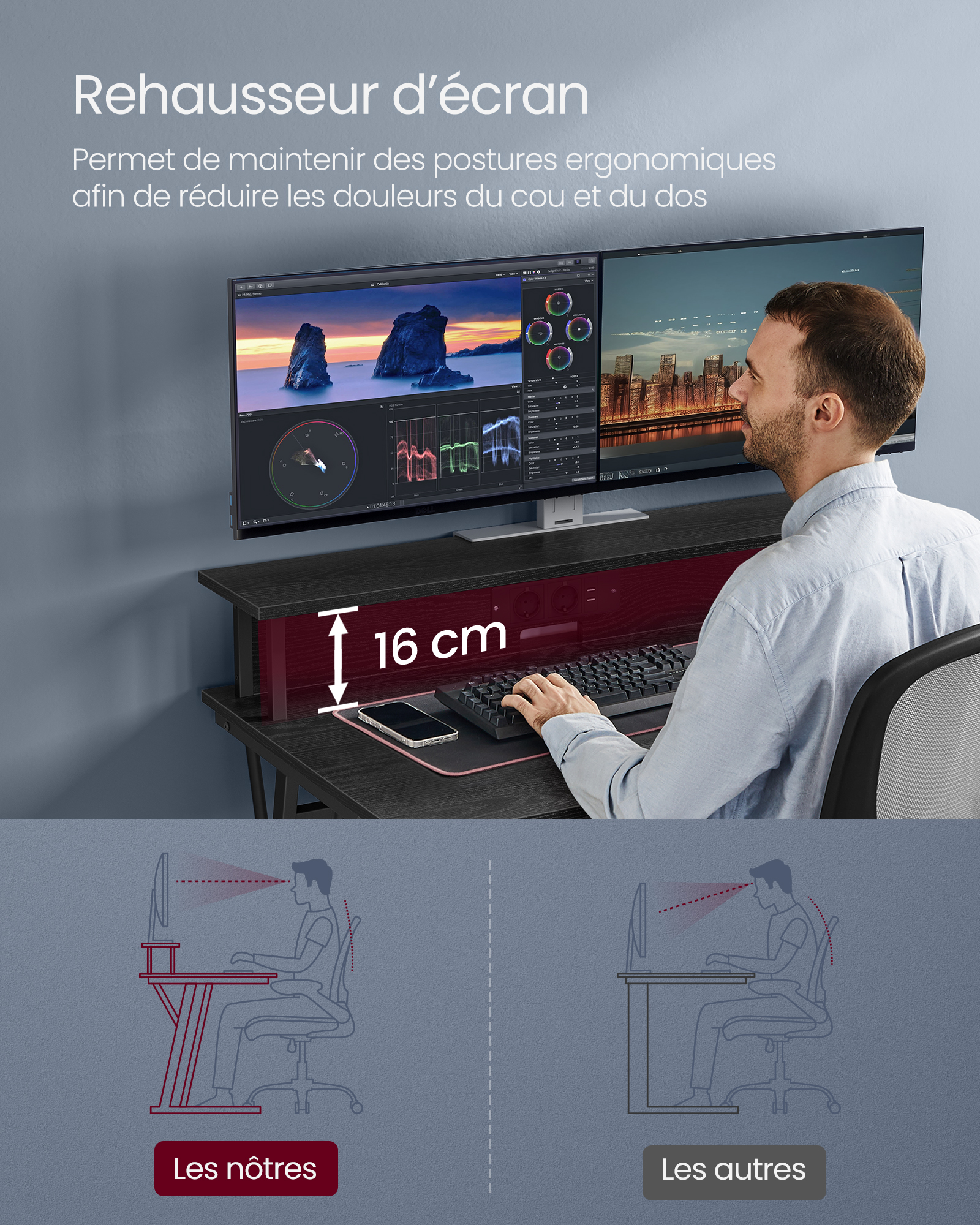 VASAGLE Bureau Gaming avec LED et Multiprise, Table Gamer, Bureau Informatique avec Rehausseur d’Écran, pour 2 Ordinateurs, pour Chambre, 60 x 100 x 76 cm