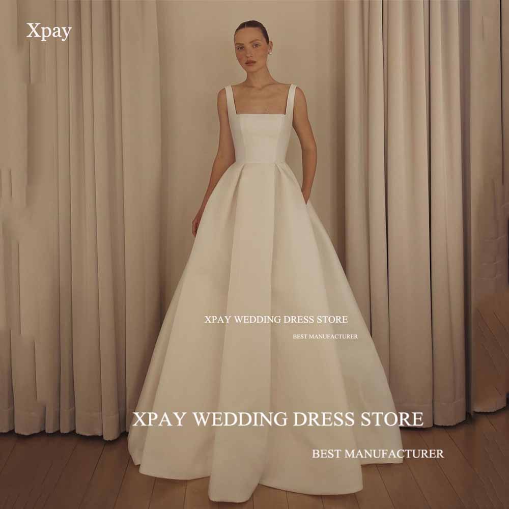 Xpay elegante pescoço quadrado uma linha vestidos de casamento alças largas sem mangas vestido de noiva aberto volta plissados vestido de noiva personalizado