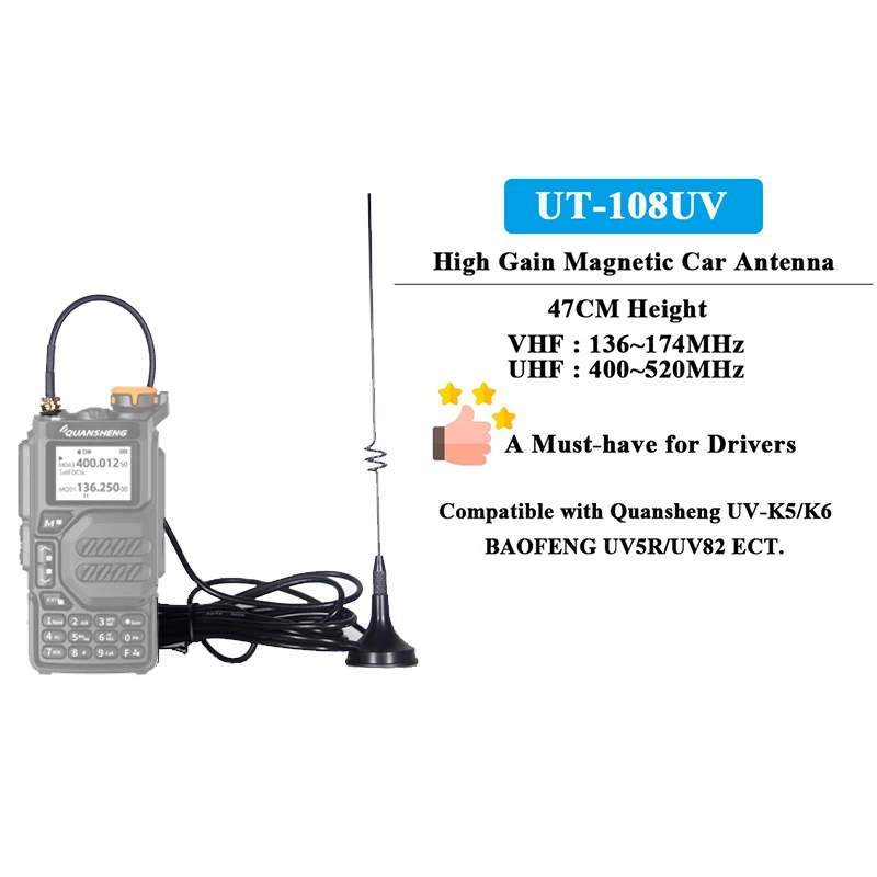 Nagoya-磁気カーアンテナ,UT-108UVおよびSMA-Fトランシーバー,144 uhf vhf,430mhz/UV-K5 mhz,47cm,UV-K6 UV-82 UV-5R UV-16