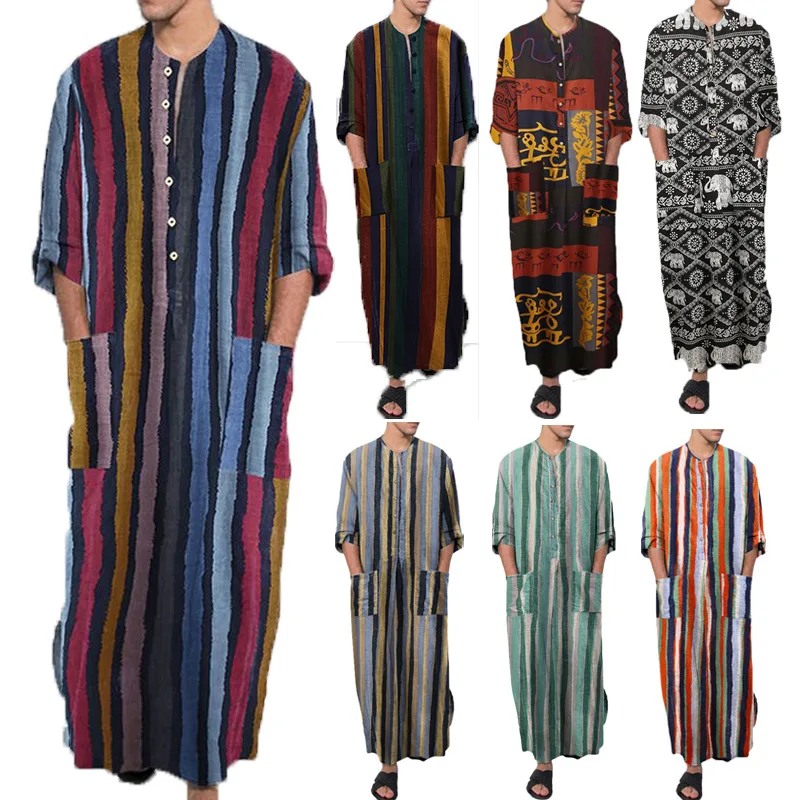 Novo muçulmano islâmico masculino cor sólida manga curta clássico listra impressão robe dubai árabe estilo étnico masculino casual formal robe