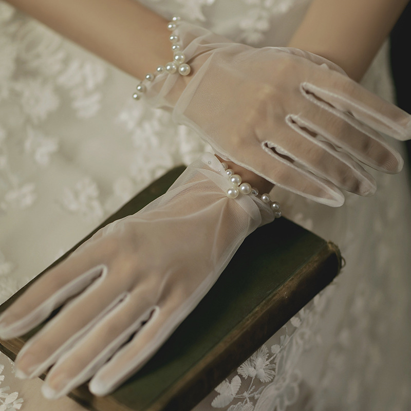 Gants de mariage transparents Vintage, robe de mariée blanche, avec nœud en maille et perles, courts en dentelle, accessoires de mariage
