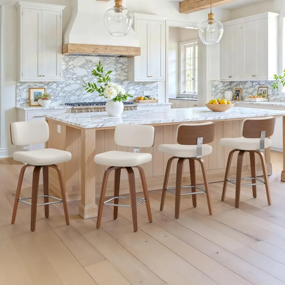 Swivel Counter Height Bar Stools Set of 3, 26" Upholstered Seat Barstools with Back Walnut Wood Legs, Mid-Century PU Leather Bar