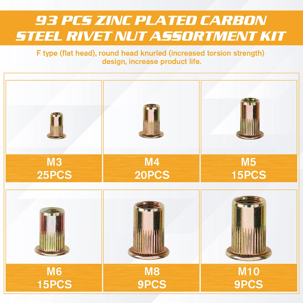 93pcs Rivet Nut Hand Threaded Rivet Nuts Gun BT605 M3 M4 M5 M6 M8 M10 Double Insert Manual Riveter Gun Riveting Rivnut Tool