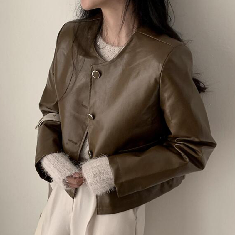 シックなヴィンテージラウンドネック長袖PUレザーバイカージャケットカジュアル多用途女性の春のファッションアウター