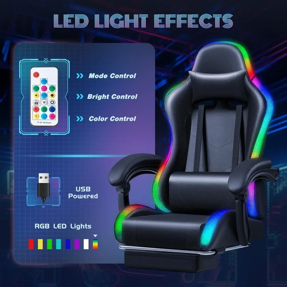 Gaming Chair with RGB LED Lights, Video Game Chair with Footrest and Massage Lumbar Support, High Back Reclining