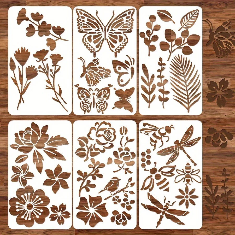 Juego de plantillas de plástico con hojas y flores de mariposa, 6 uds., 3,15x5,5 pulgadas, para bricolaje, diario, álbum de recortes, plantilla de pintura de madera