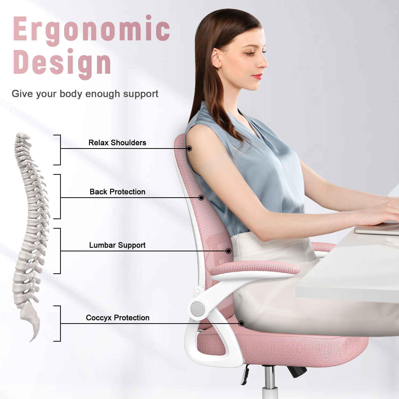Ergonomiczne krzesło biurowe z siatki, podnoszone krzesło do gier z wysokim oparciem i podparciem lędźwiowym, obrotowe krzesło biurowe z regulacją głębokości siedziska w domu