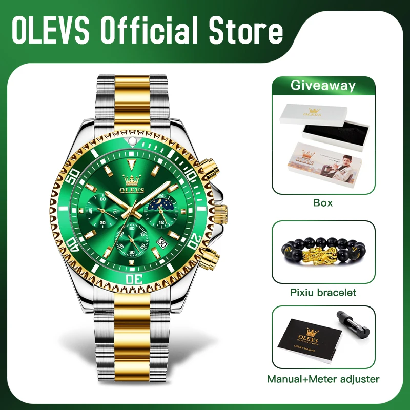 Relojes OLEVS para hombre, relojes de lujo de primeras marcas para hombre, cronógrafo Original resistente al agua de acero inoxidable, fase lunar, fecha, esfera giratoria