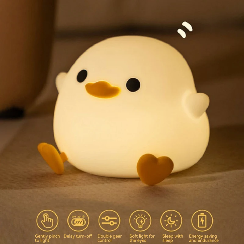 Luz LED nocturna con bonito pato Doudou, lámpara de silicona para niños, Sensor táctil, sincronización, recargable por USB, luz suave, cuidado de los ojos