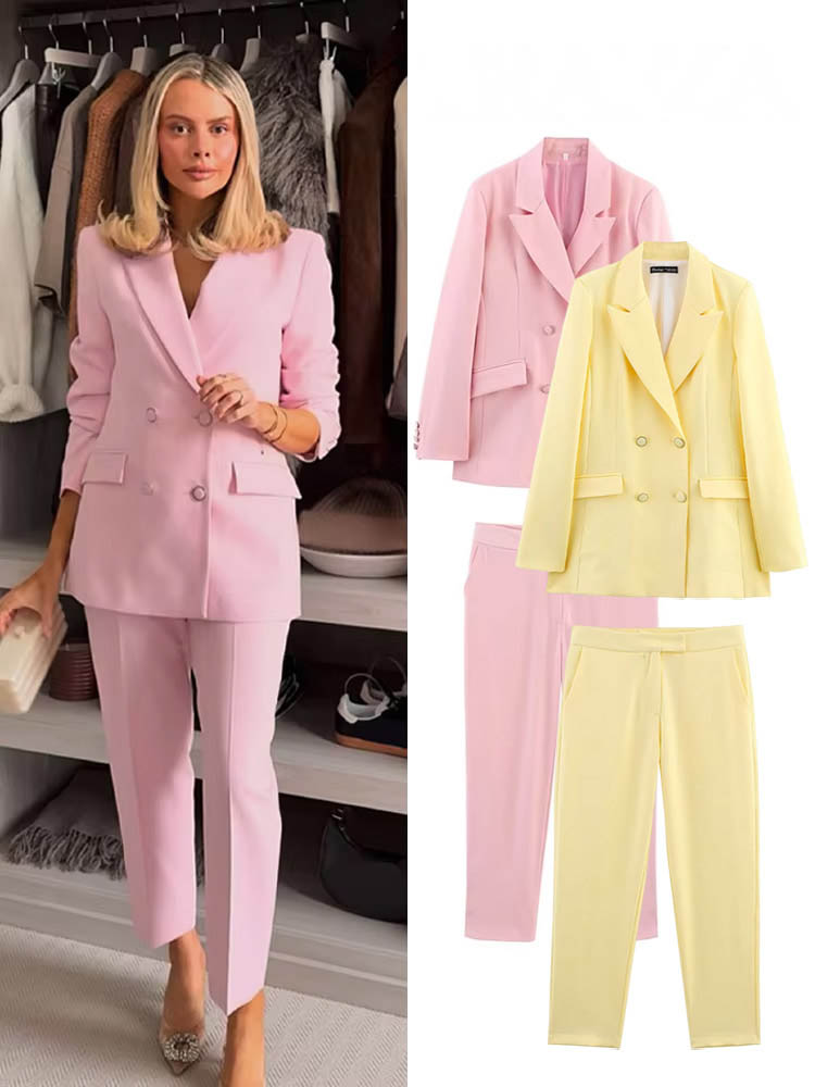 HH женский новый модный пиджак, двубортный повседневный костюм с лацканами и карманами + шикарный свободный костюм с высокой талией на молнии, тонкий длинный брючный костюм